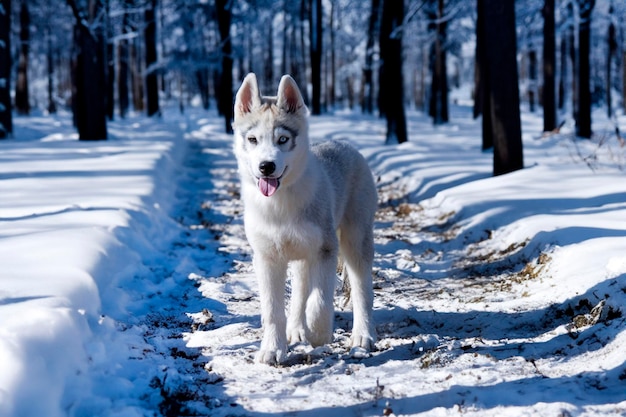 cucciolo di husky siberiano che cammina nella natura in una foresta