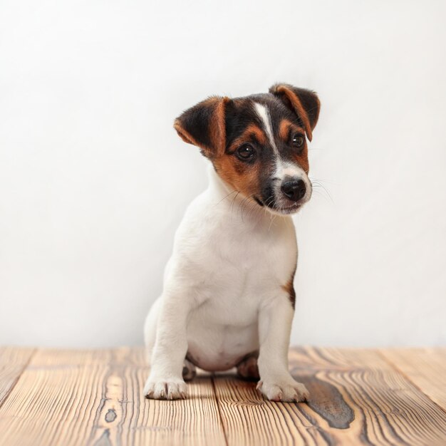 Cucciolo di Jack Russell terrier di due mesi, riprese in studio su tavole di legno con sfondo bianco.