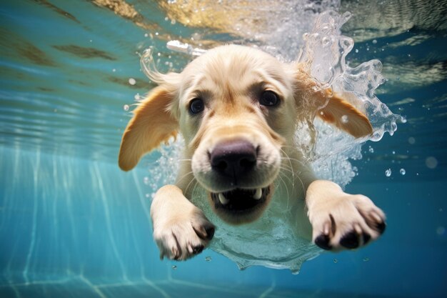 Cucciolo di labrador retriever dorato che gioca e si allena sott'acqua