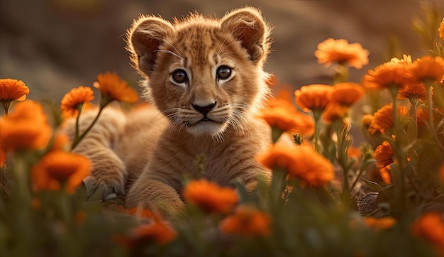 cucciolo di leone sdraiato in un campo di fiori d'arancio nello stile di un'atmosfera morbida e sognante