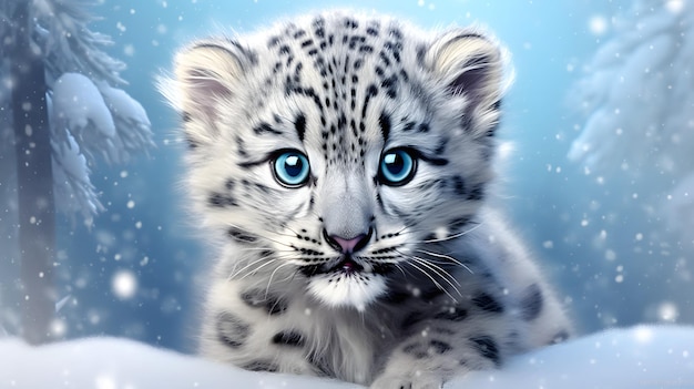 Cucciolo di leopardo delle nevi in inverno IA generativa