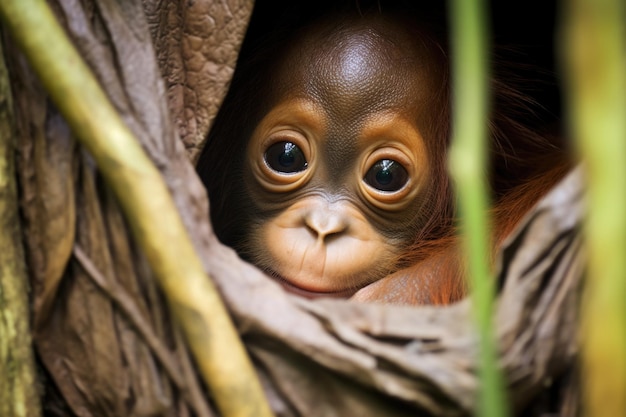 Cucciolo di orangutan appeso alla pelliccia dei suoi genitori in una fitta giungla