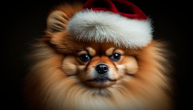 Cucciolo di Pomerania festivo che indossa un cappello di Babbo Natale rosso e bianco