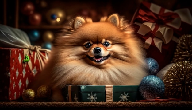 Cucciolo di Pomerania immerso in un'abbondanza di regali di Natale