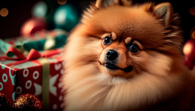 Cucciolo di Pomerania immerso in un'abbondanza di regali di Natale