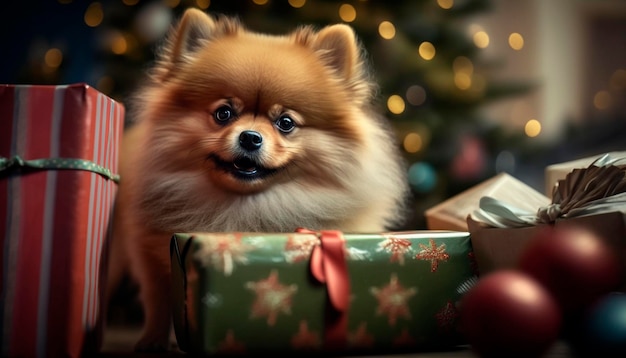 Cucciolo di Pomerania immerso in un'abbondanza di regali di Natale