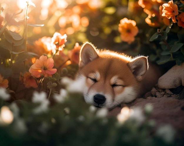 Cucciolo di Shiba inu sdraiato a terra tra i fiori