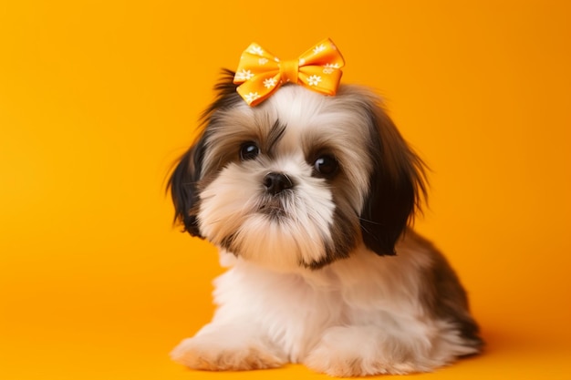 Cucciolo di Shihtzu che indossa un fiocco arancione carino cagnolino o animale domestico giace isolato su sfondo giallo lo spazio negativo del cane crisantemo per inserire il testo o l'immagine