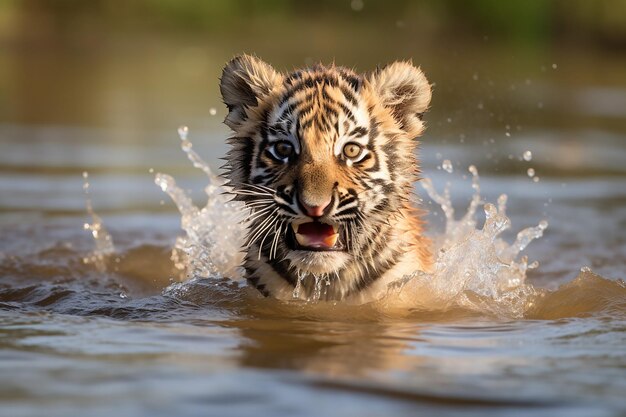 cucciolo di tigre felice mentre nuota nell'acqua