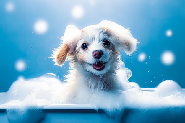 Cucciolo divertente che si siede nella vasca da bagno in attesa del banner di toelettatura per il salone di toelettatura del negozio di animali generativo ai