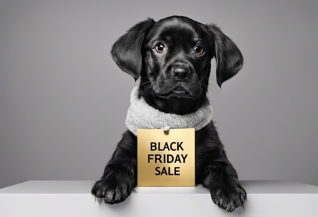 Cucciolo divertente con il concetto di banner del black friday di sconti e vendite su uno sfondo chiaro
