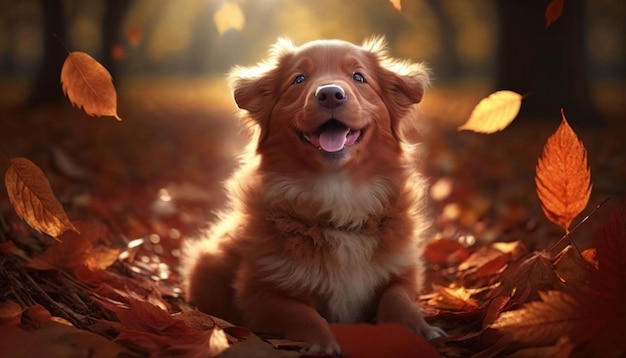 Cucciolo felice in foglie di autunno nel parco IA generativa