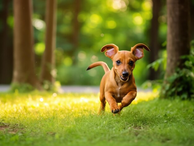 Cucciolo giocoso che insegue la coda in un parco verde lussureggiante