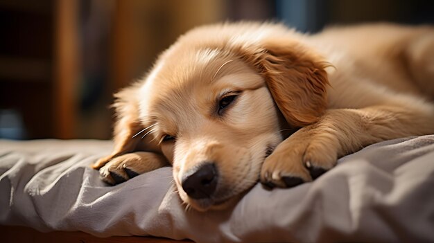 cucciolo sdraiato su un letto con la testa sul cuscino IA generativa