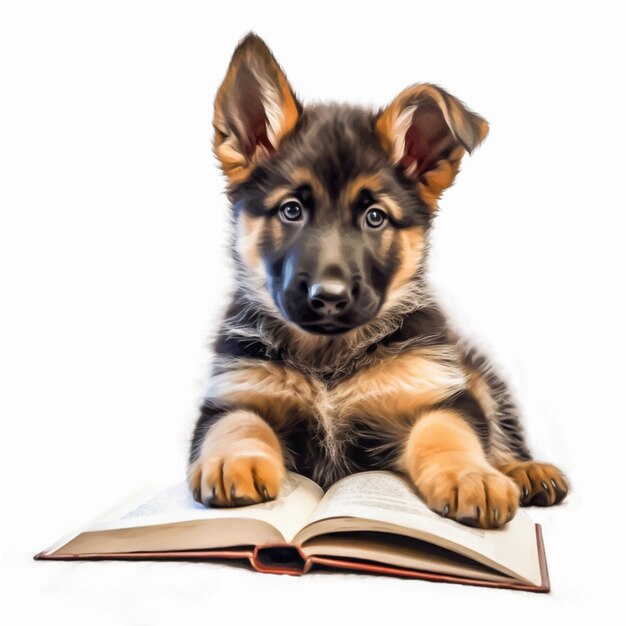 cucciolo sdraiato su un libro con le orecchie alzate ai generativa