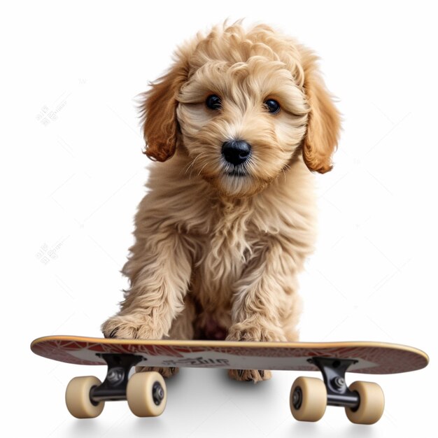 cucciolo seduto su uno skateboard con uno sfondo bianco ai generativa