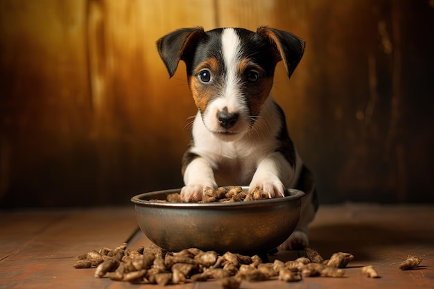 Cucciolo terrier che mangia dalla ciotola