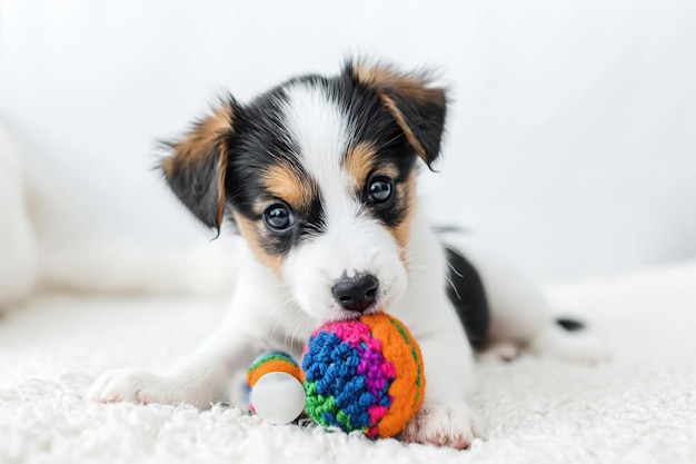 Cucciolo tricolore giocoso con palla giocattoloxA