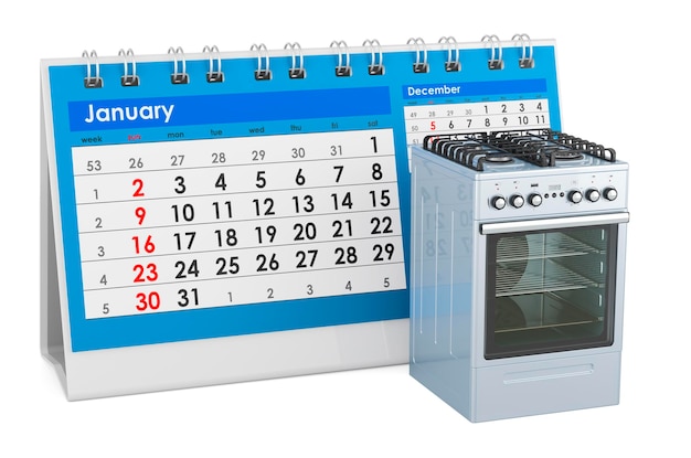 Cucina a gas con calendario da tavolo rendering 3D