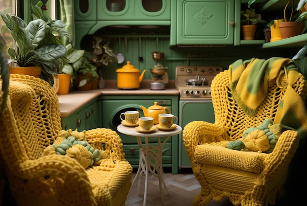 Cucina accogliente lavorata a maglia in stile retrò nei colori verde giallo Mobili futuristici AI generativa