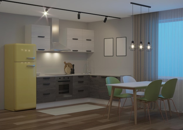 Cucina ad angolo in stile scandinavo con frigorifero giallo. Notte. Illuminazione serale. Rendering 3D.