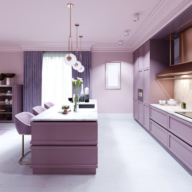 Cucina alla moda in uno stile di tendenza, mobili color lilla e design moderno. Rendering 3D.