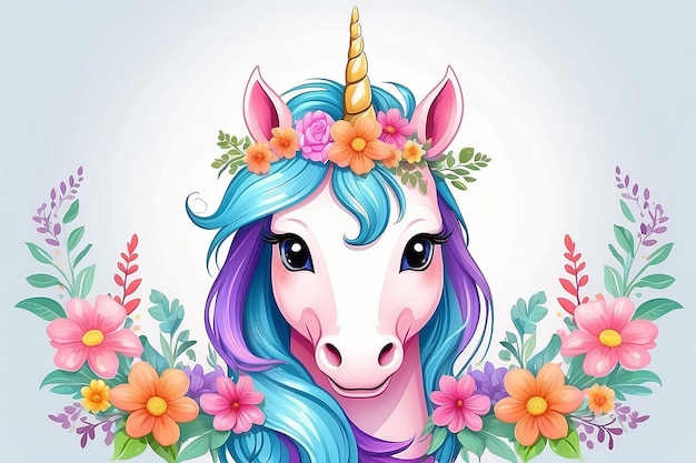Cucina animata magica testa di unicorno con cornice di fiori illustrazione per bambini isolati su sfondo bianco per la stampa su
