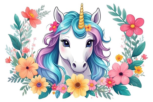 Cucina animata magica testa di unicorno con cornice di fiori illustrazione per bambini isolati su sfondo bianco per la stampa su