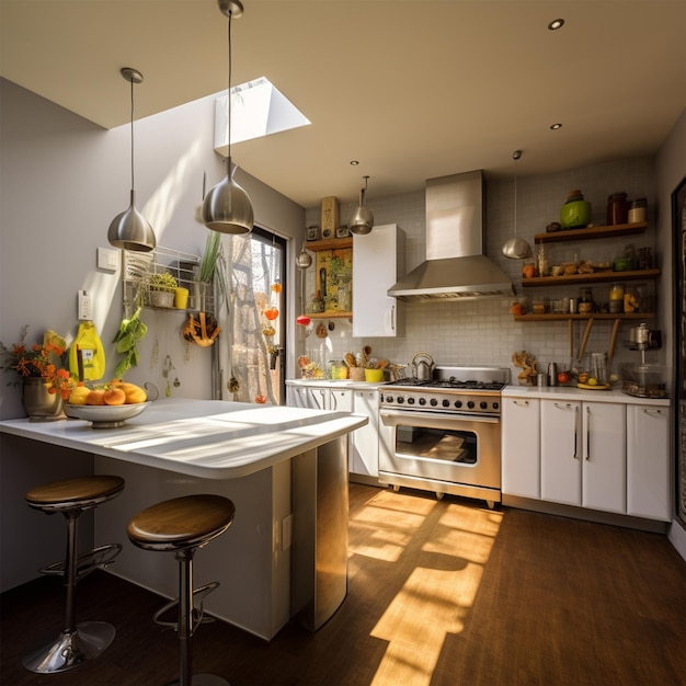 Cucina aperta minimalista moderna e ultra grandangolare