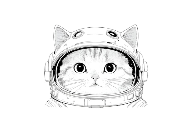 Cucina astronauta testa di gatto ritratto in bianco e nero disegno schizzo illustrazione