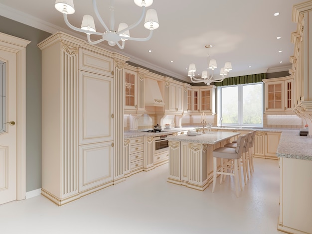 Cucina beige in stile classico, rendering 3d