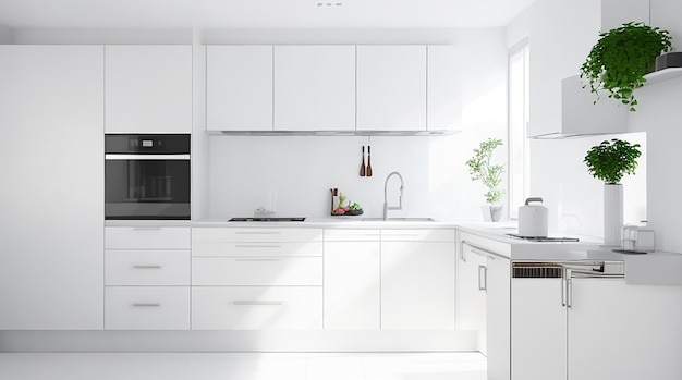 Cucina bianca high tech con rendering 3d e design moderno della cucina