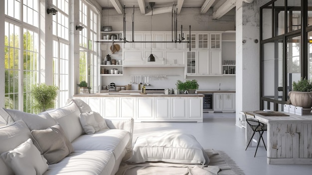 Cucina bianca lussuosa e soggiorno in una grande casa