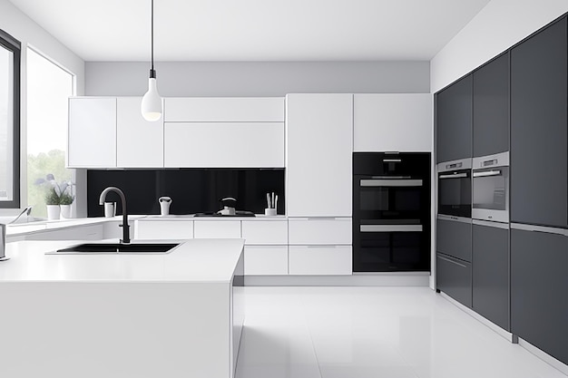 Cucina bianca lussuosa moderna con linee pulite e un tavolo da pranzo a disegno minimalista