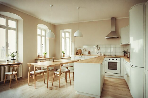 cucina bianca nordica con appartamento con isola con mobili luci del sole toni beige