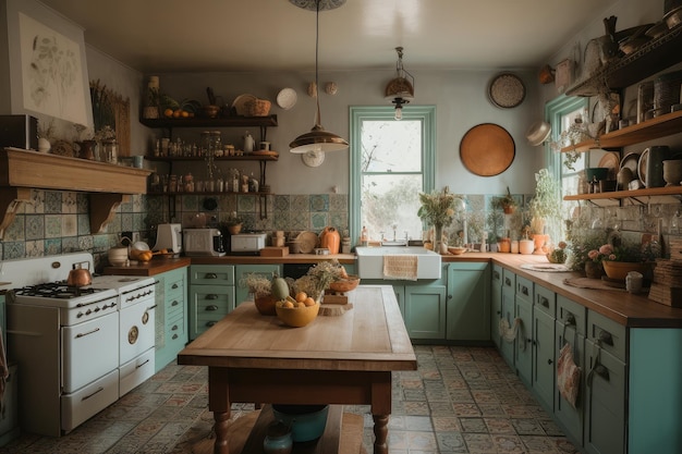 Cucina bohémien con elettrodomestici vintage pentole in ceramica classiche e bar per la colazione