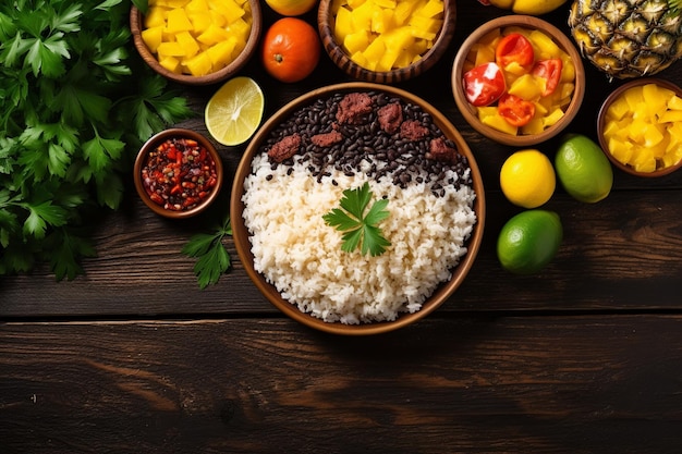 Cucina brasiliana vivace a piatto con feijoada e frutta