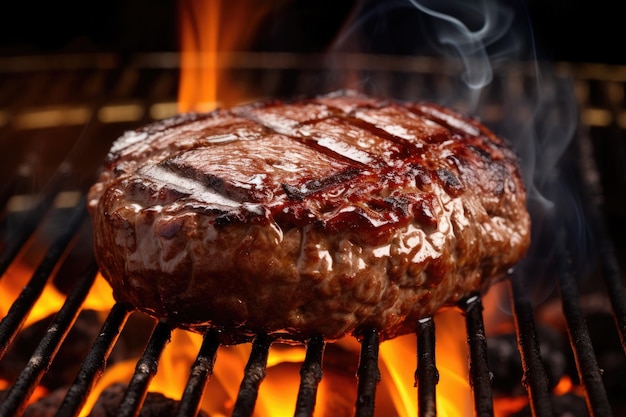 Cucina carne per hamburger alla griglia con fiamme e fumo da vicino