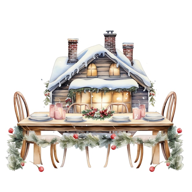 Cucina casa ad acquerello con decorazioni natalizie illustrazione per Natale