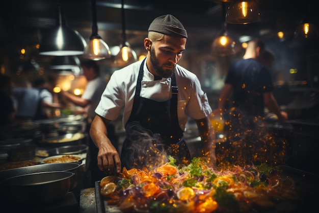 Cucina che prepara abilmente un piatto con il movimento sfocato degli utensili da cucina IA generativa