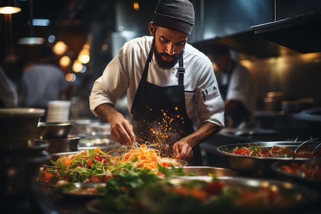 Cucina che prepara abilmente un piatto con il movimento sfocato degli utensili da cucina IA generativa