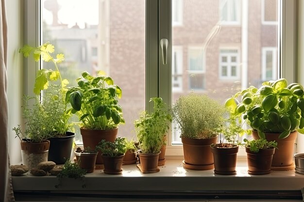 Cucina cittadina con erbe e verdure coltivate in vaso sul davanzale creato con l'IA generativa