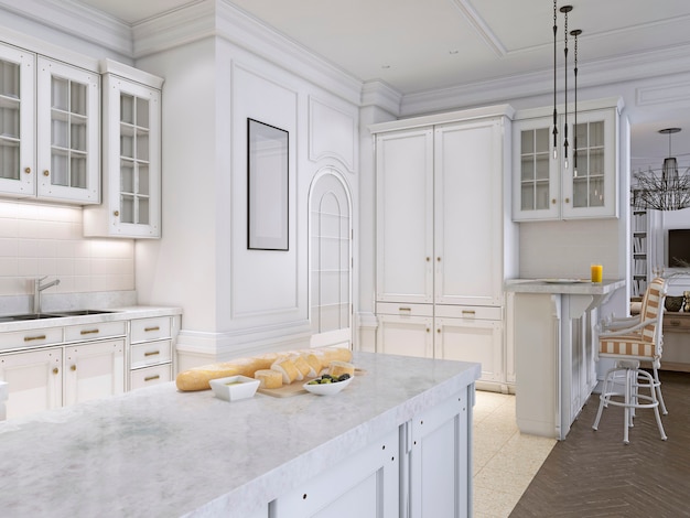 Cucina classica con dettagli in legno e bianco, interior design. Rendering 3D