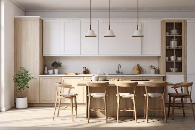 Cucina classica scandinava con dettagli in legno e bianco