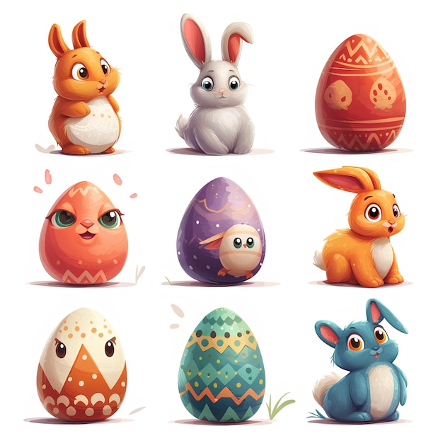 Cucina collezione di uova di Pasqua cartoni animati con coniglietti e polli felice illustrazione vettoriale di Pasqua