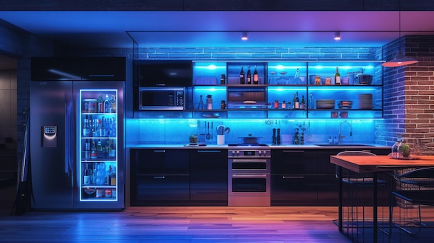 Cucina con luce al neon blu