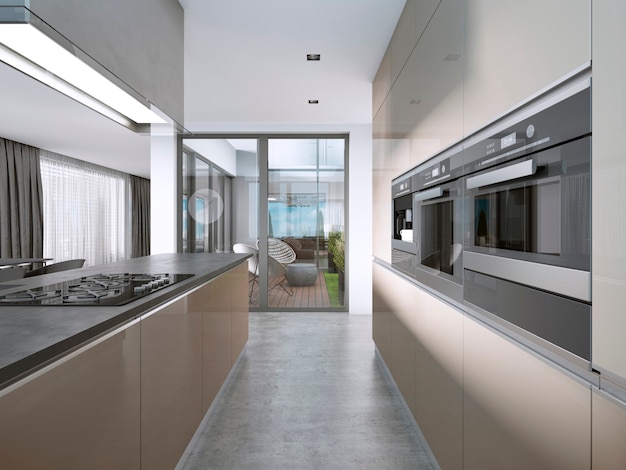 Cucina contemporanea con ampie finestre e isola con sgabelli da bar. Rappresentazione 3D.