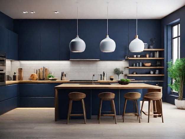 Cucina contemporanea con interior design minimalista blu scuro