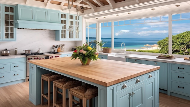 Cucina costiera ventilata con una splendida vista sul mare Eleganza sulla spiaggia