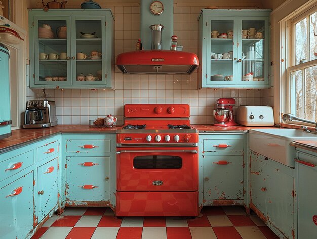 Cucina d'ispirazione vintage con pavimenti a scacchi e elettrodomestici retro iperrealistici